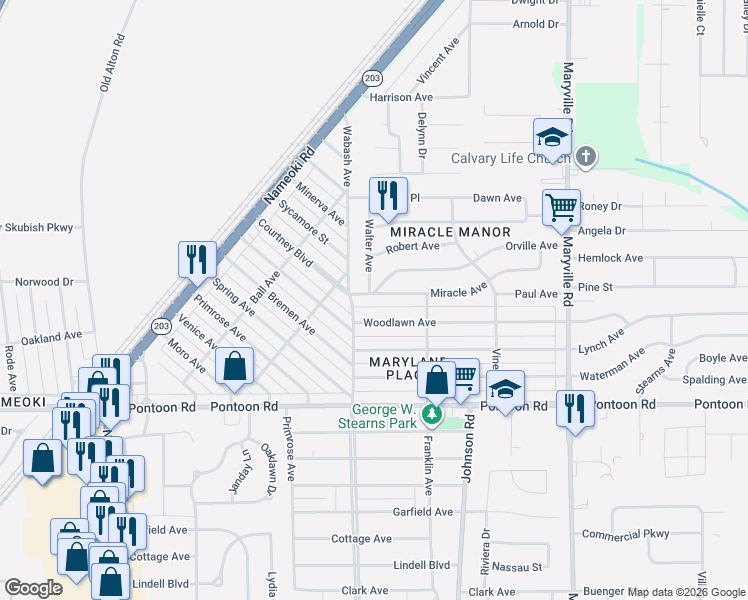 map of restaurants, bars, coffee shops, grocery stores, and more near 2115 Woodlawn Avenue in Granite City