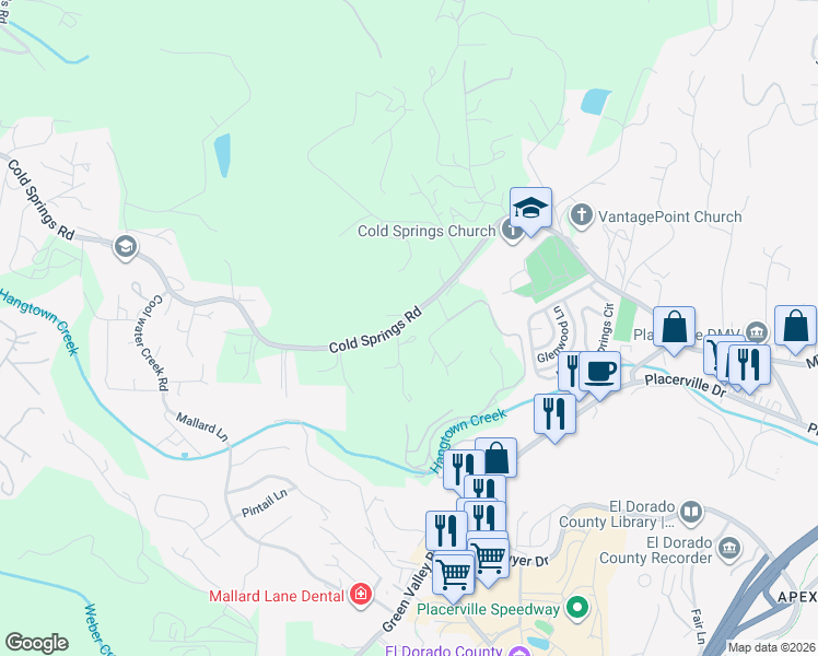 map of restaurants, bars, coffee shops, grocery stores, and more near 2701 Boulder Lane in Placerville