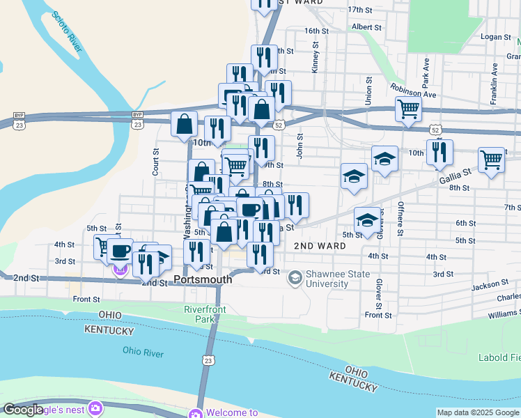 map of restaurants, bars, coffee shops, grocery stores, and more near 923 Gallia Street in Portsmouth