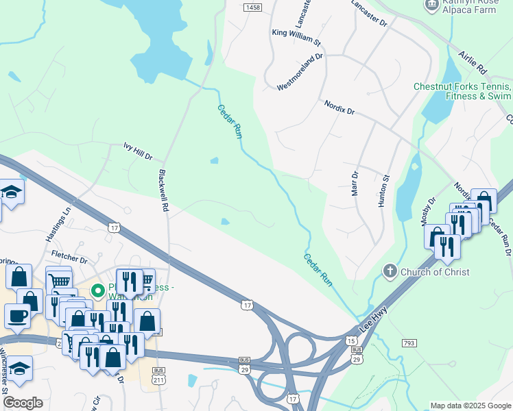 map of restaurants, bars, coffee shops, grocery stores, and more near 6535 Hidden Hollow Lane in Warrenton