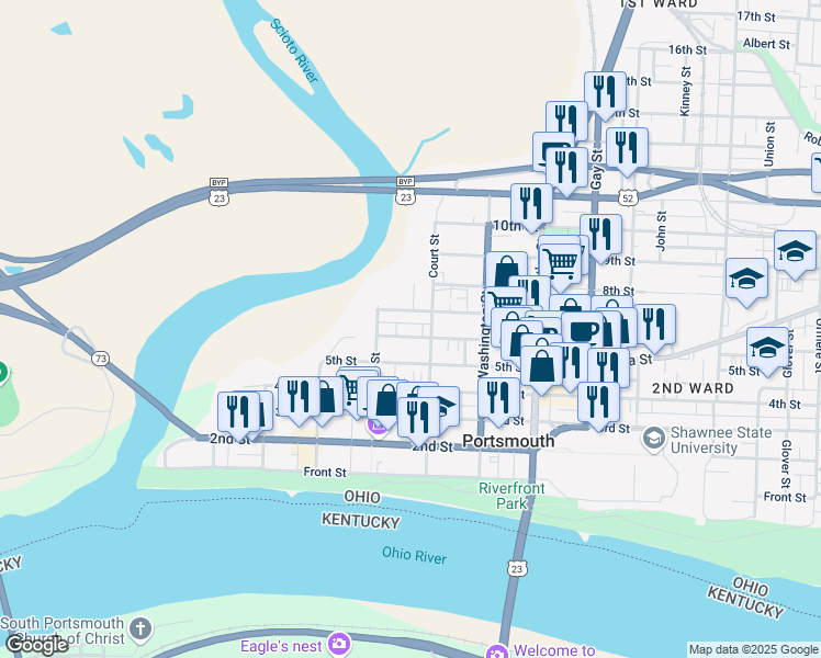 map of restaurants, bars, coffee shops, grocery stores, and more near 509 Court Street in Portsmouth