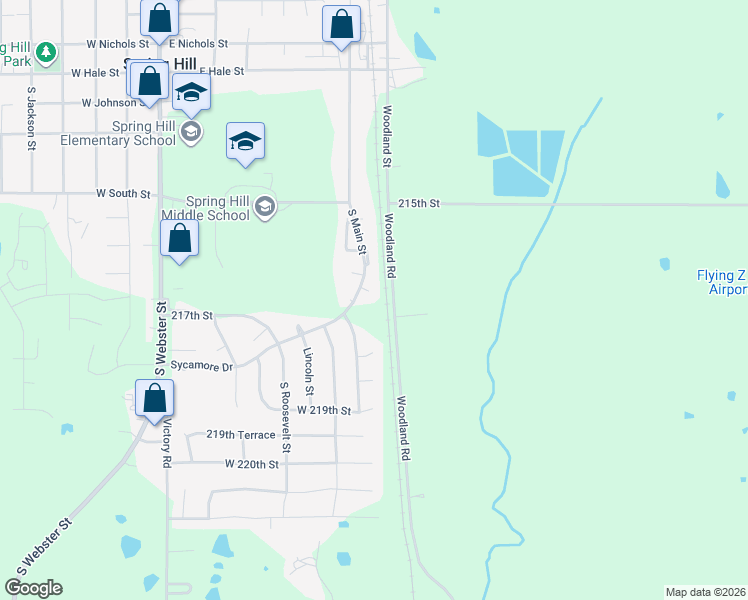 map of restaurants, bars, coffee shops, grocery stores, and more near 21786 Main Street in Spring Hill
