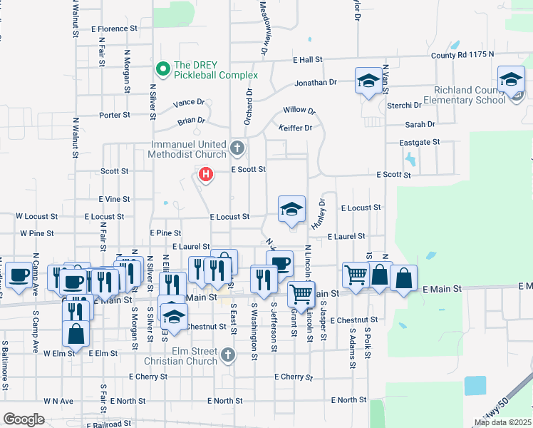 map of restaurants, bars, coffee shops, grocery stores, and more near 501 North Jefferson Street in Olney