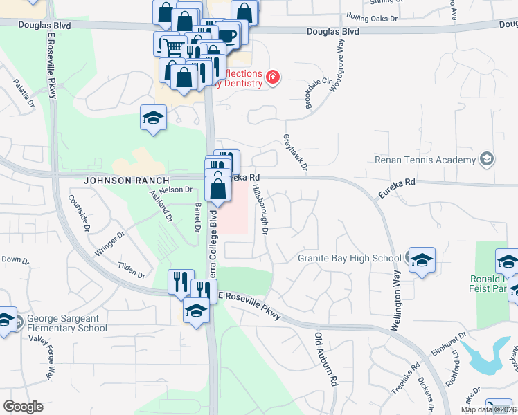 map of restaurants, bars, coffee shops, grocery stores, and more near 1103 Muirfield Drive in Granite Bay
