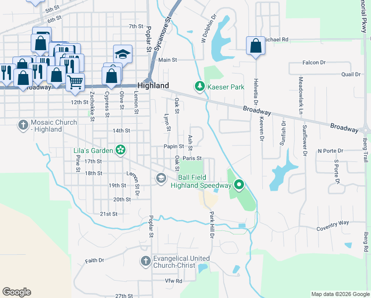 map of restaurants, bars, coffee shops, grocery stores, and more near 1516 Ash Street in Highland