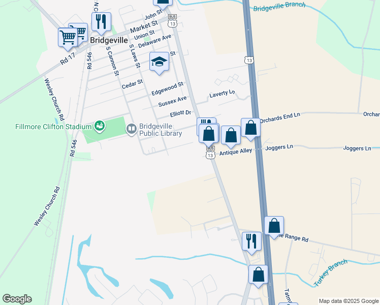 map of restaurants, bars, coffee shops, grocery stores, and more near in Bridgeville