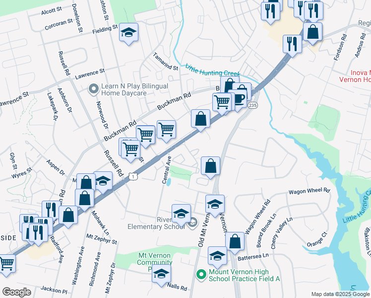 map of restaurants, bars, coffee shops, grocery stores, and more near 3708 Shannons Green Way in Alexandria