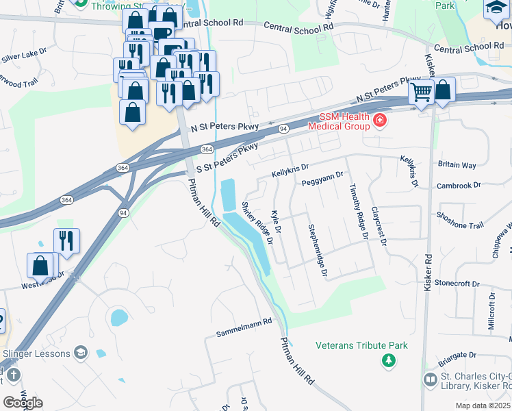 map of restaurants, bars, coffee shops, grocery stores, and more near 4806 Shirley Ridge Court in Saint Charles