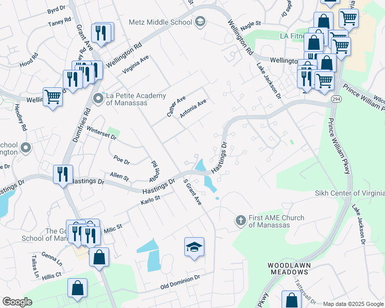 map of restaurants, bars, coffee shops, grocery stores, and more near 10209 Waterbury Court in Manassas