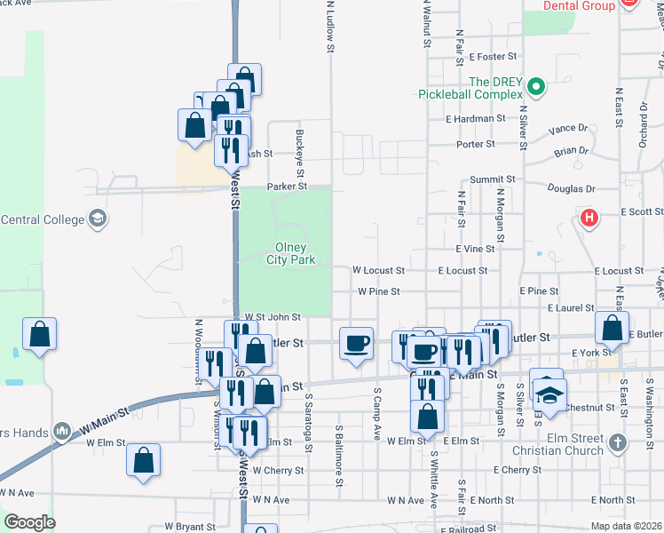 map of restaurants, bars, coffee shops, grocery stores, and more near 500 North Ludlow Street in Olney