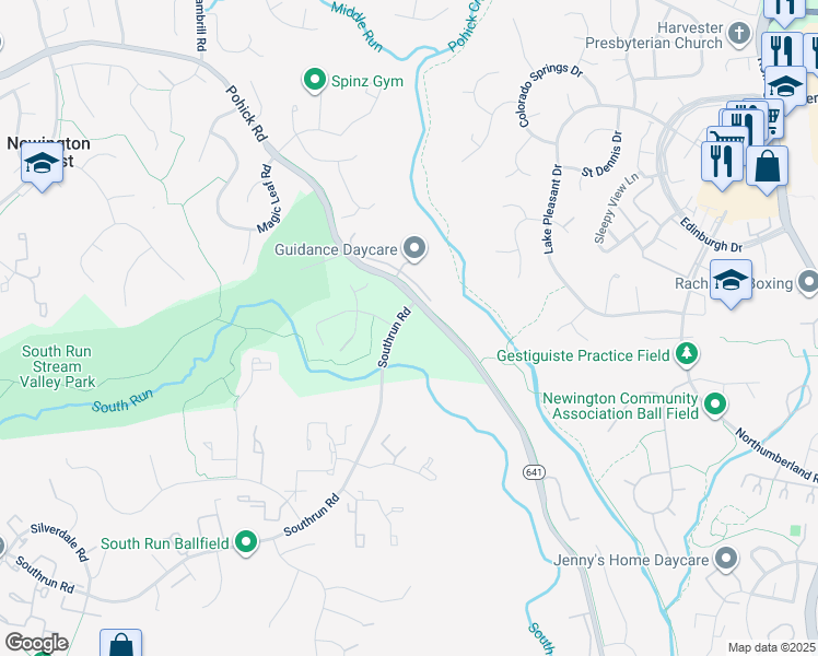 map of restaurants, bars, coffee shops, grocery stores, and more near 8201 Southrun Road in Springfield