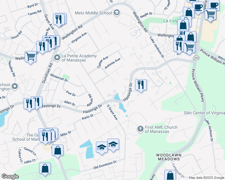 map of restaurants, bars, coffee shops, grocery stores, and more near 10209 Waterbury Court in Manassas