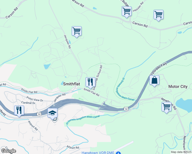 map of restaurants, bars, coffee shops, grocery stores, and more near 2860 Smith Flat School Road in Placerville