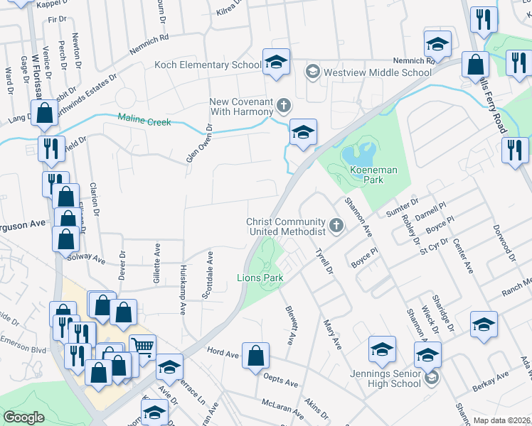 map of restaurants, bars, coffee shops, grocery stores, and more near 2533 High Ridge Avenue in Jennings
