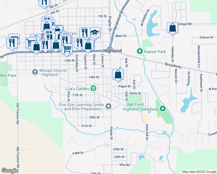 map of restaurants, bars, coffee shops, grocery stores, and more near 1410 Poplar Street in Highland