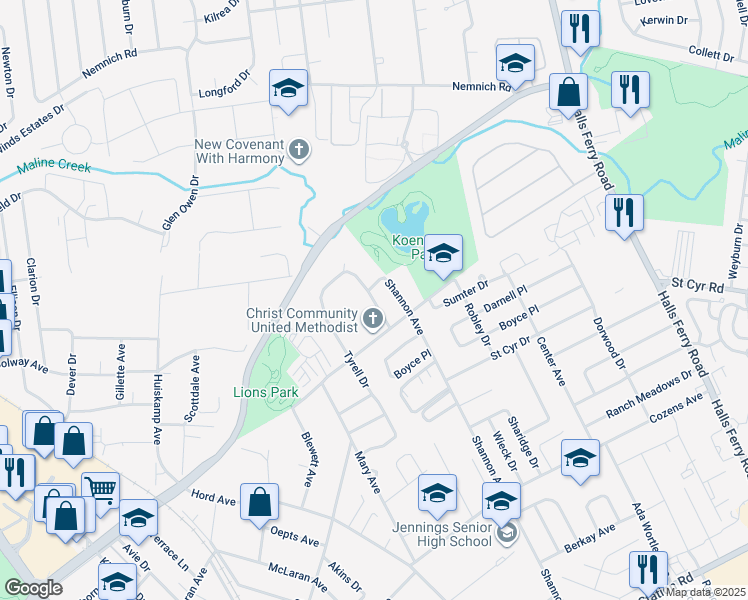 map of restaurants, bars, coffee shops, grocery stores, and more near 2650 Eltarose Drive in St. Louis