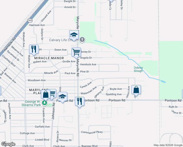 map of restaurants, bars, coffee shops, grocery stores, and more near 2428 Hemlock Avenue in Granite City