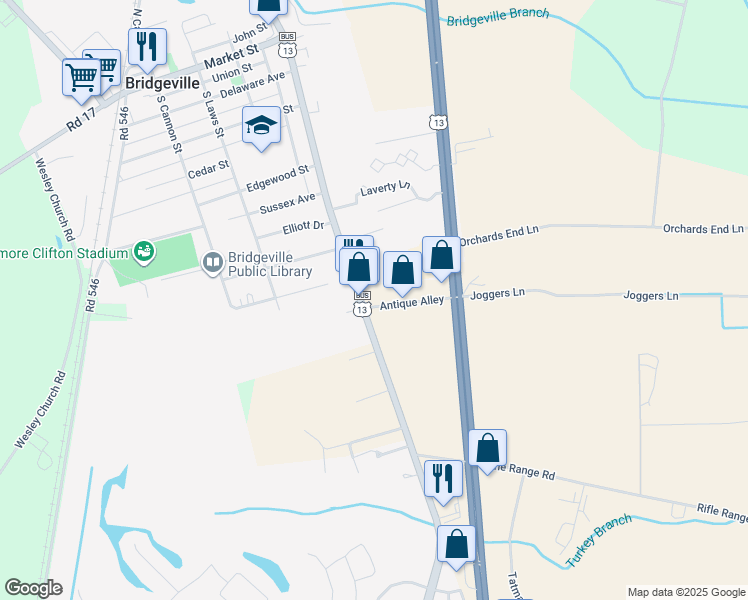 map of restaurants, bars, coffee shops, grocery stores, and more near 613 South Main Street in Bridgeville