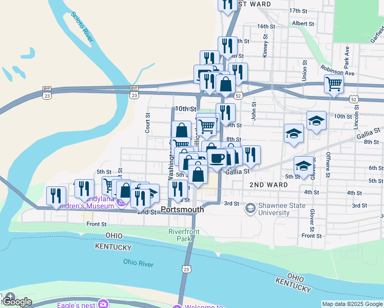map of restaurants, bars, coffee shops, grocery stores, and more near 709 U.S. 23 in Portsmouth
