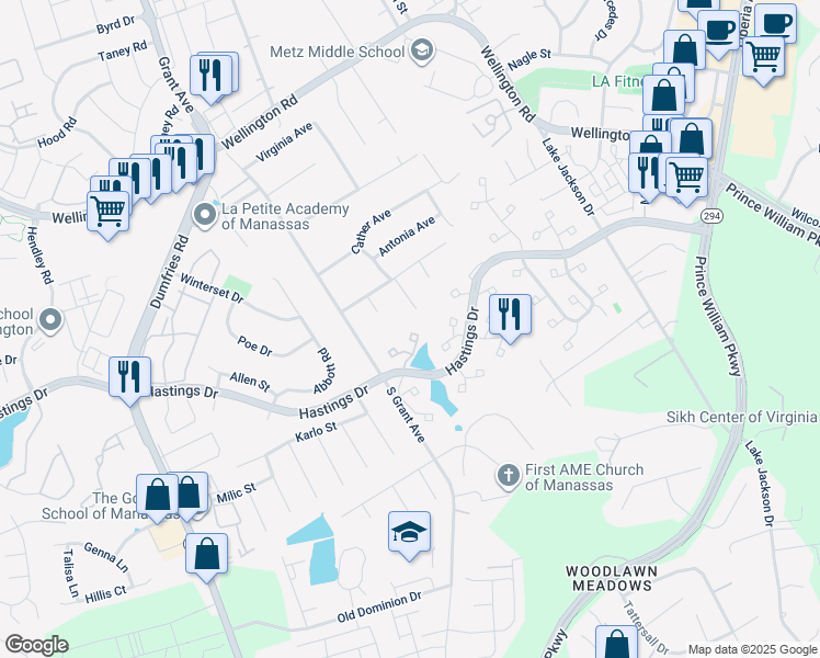 map of restaurants, bars, coffee shops, grocery stores, and more near 10207 Waterbury Court in Manassas
