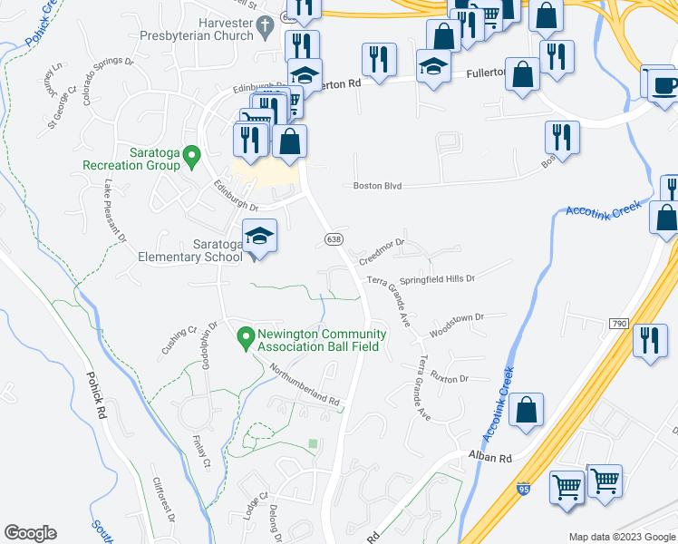 map of restaurants, bars, coffee shops, grocery stores, and more near 7703 Bristol Square Court in Springfield