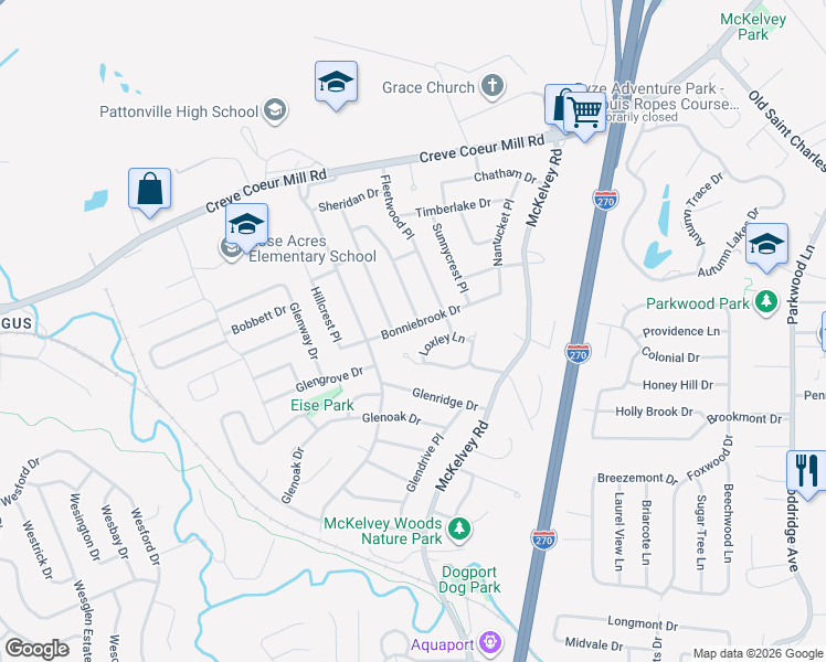 map of restaurants, bars, coffee shops, grocery stores, and more near 2593 Bonniebrook Drive in Maryland Heights