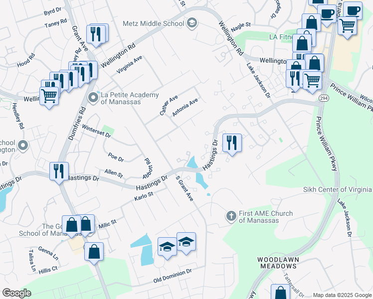map of restaurants, bars, coffee shops, grocery stores, and more near 10207 Waterbury Court in Manassas