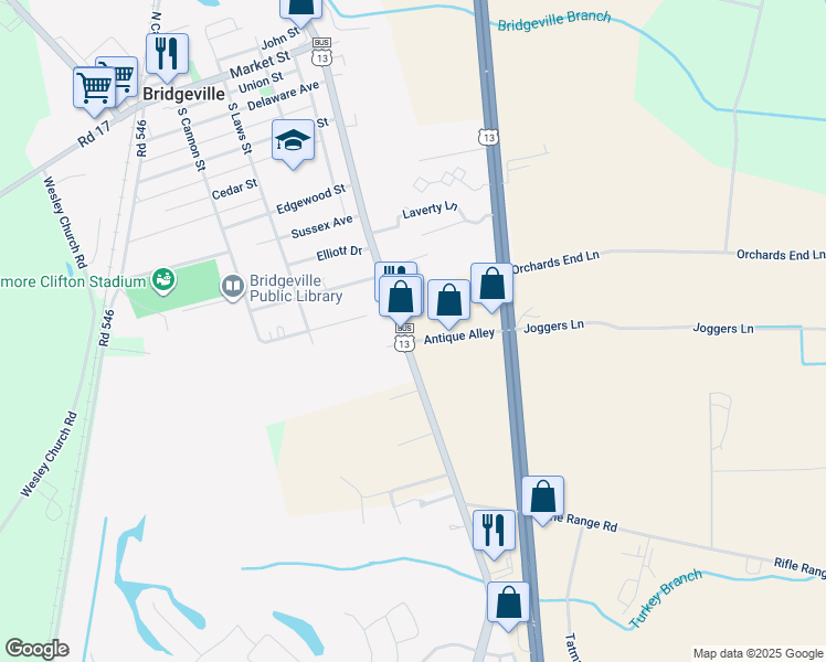 map of restaurants, bars, coffee shops, grocery stores, and more near 613 South Main Street in Bridgeville