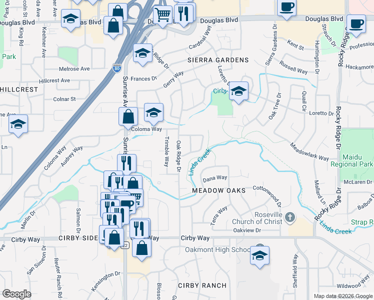 map of restaurants, bars, coffee shops, grocery stores, and more near 808 Oak Ridge Drive in Roseville