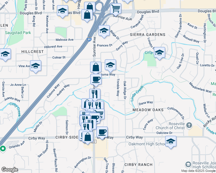 map of restaurants, bars, coffee shops, grocery stores, and more near 707 Sunrise Avenue in Roseville