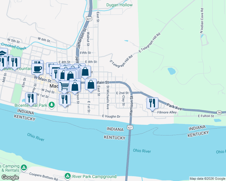 map of restaurants, bars, coffee shops, grocery stores, and more near 606 East Main Street in Madison