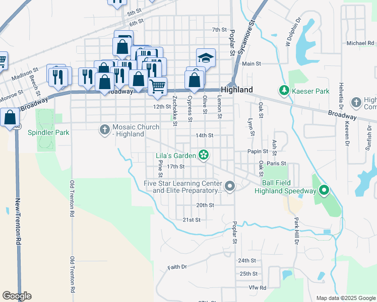map of restaurants, bars, coffee shops, grocery stores, and more near 1200 14th Street in Highland