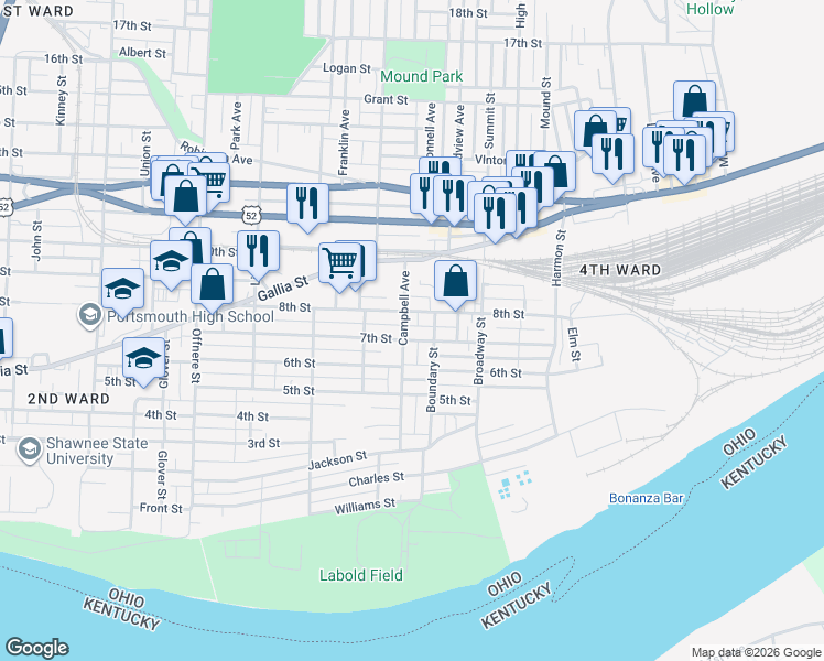 map of restaurants, bars, coffee shops, grocery stores, and more near 1909 8th Street in Portsmouth