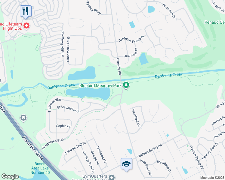 map of restaurants, bars, coffee shops, grocery stores, and more near Dardenne Greenway in St. Charles County