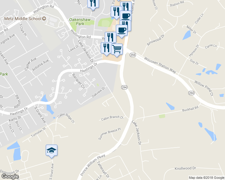 map of restaurants, bars, coffee shops, grocery stores, and more near 10135 Lake Jackson Drive in Manassas