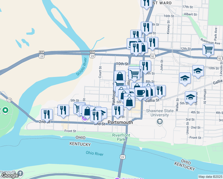 map of restaurants, bars, coffee shops, grocery stores, and more near 642 7th Street in Portsmouth