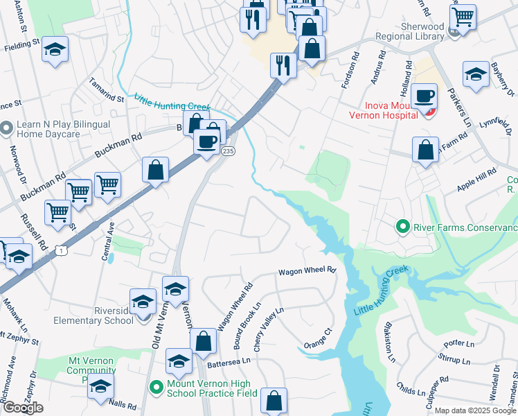 map of restaurants, bars, coffee shops, grocery stores, and more near 3420 Little Hunting Creek Drive in Alexandria