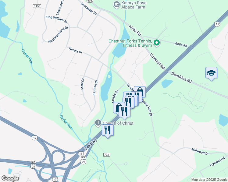 map of restaurants, bars, coffee shops, grocery stores, and more near 7284 Mosby Drive in Warrenton
