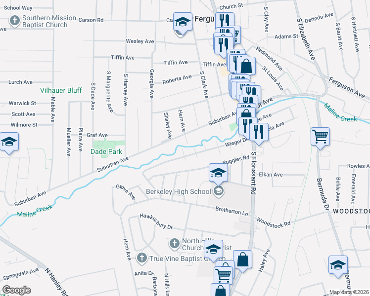 map of restaurants, bars, coffee shops, grocery stores, and more near 522 Hern Avenue in Ferguson