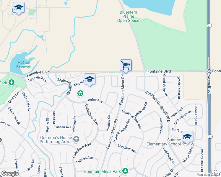 map of restaurants, bars, coffee shops, grocery stores, and more near 7023 Lolo Drive in Colorado Springs