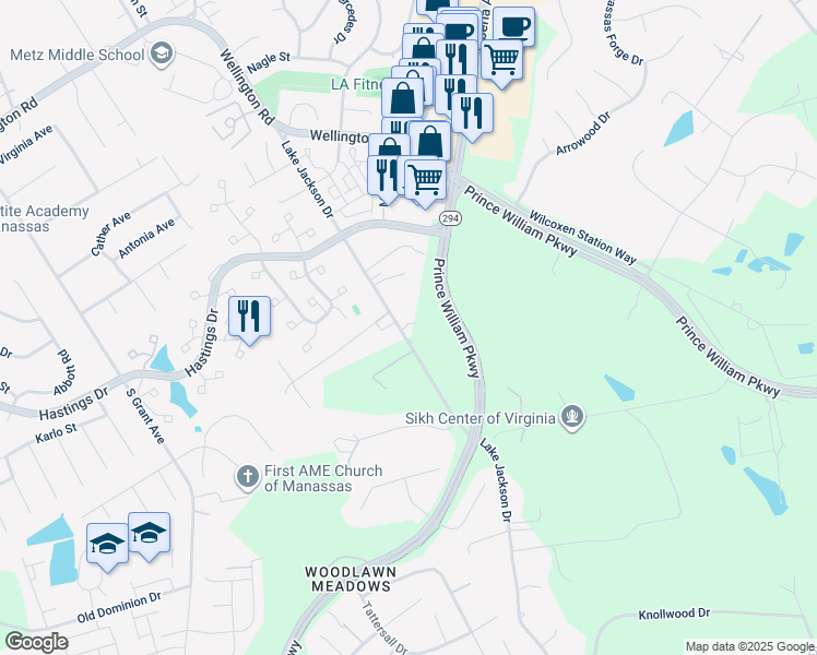map of restaurants, bars, coffee shops, grocery stores, and more near 10135 Lake Jackson Drive in Manassas