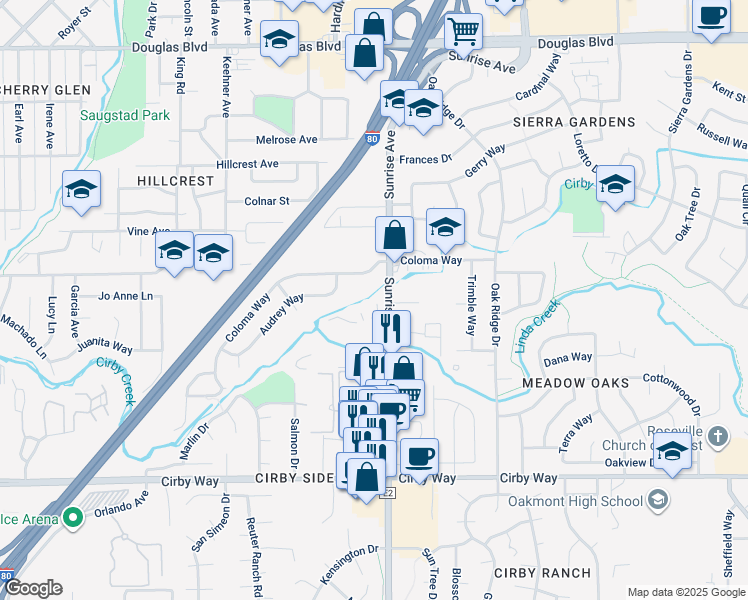 map of restaurants, bars, coffee shops, grocery stores, and more near 720 Sunrise Avenue in Roseville