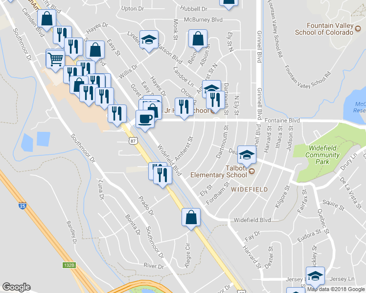 map of restaurants, bars, coffee shops, grocery stores, and more near 120 Amherst Street in Colorado Springs