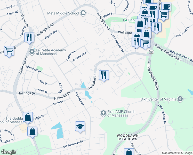 map of restaurants, bars, coffee shops, grocery stores, and more near 10263 Winfield Court in Manassas