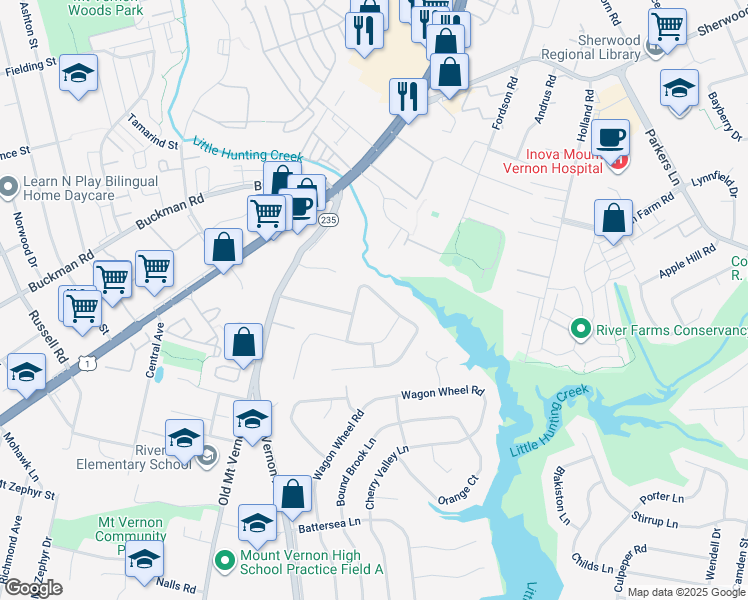 map of restaurants, bars, coffee shops, grocery stores, and more near 3420 Little Hunting Creek Drive in Alexandria