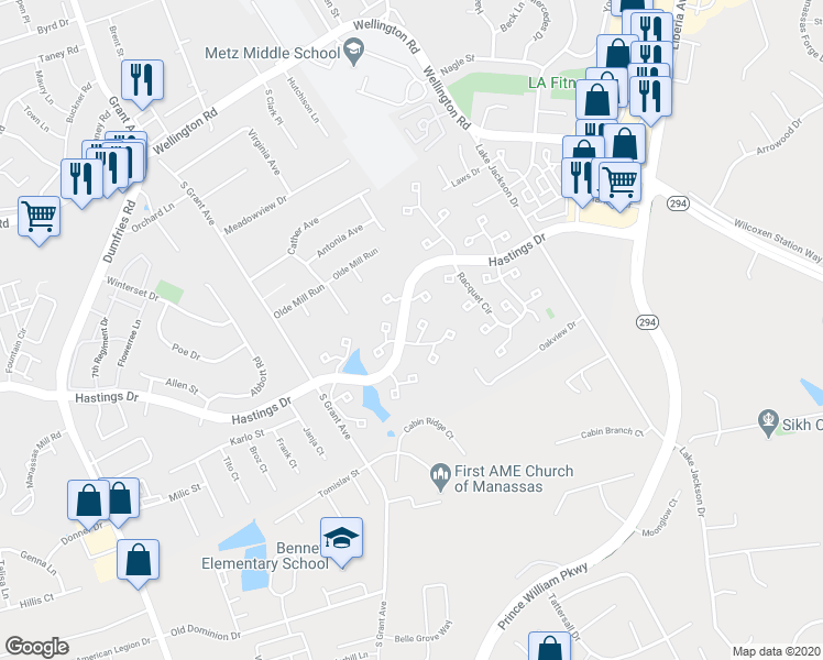 map of restaurants, bars, coffee shops, grocery stores, and more near 10263 Winfield Court in Manassas