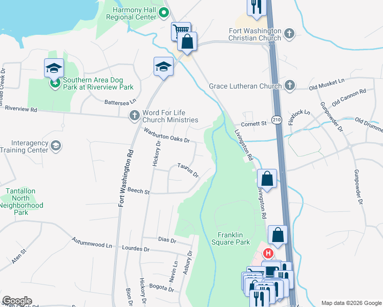 map of restaurants, bars, coffee shops, grocery stores, and more near 11607 Olympic Drive in Fort Washington
