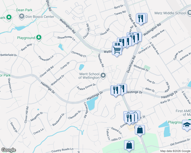 map of restaurants, bars, coffee shops, grocery stores, and more near 9101 Prince William Street in Manassas