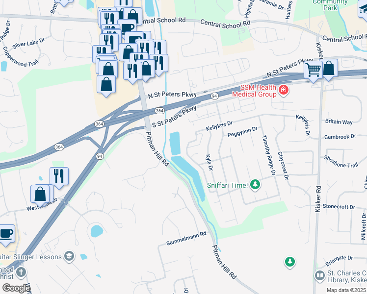 map of restaurants, bars, coffee shops, grocery stores, and more near 418 Shirleyridge Drive in Saint Charles