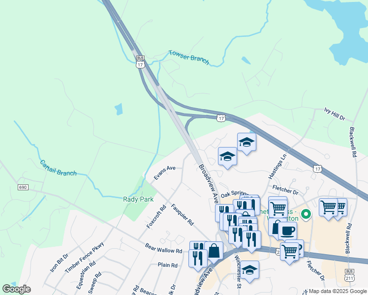 map of restaurants, bars, coffee shops, grocery stores, and more near 916 Broadview Avenue in Warrenton